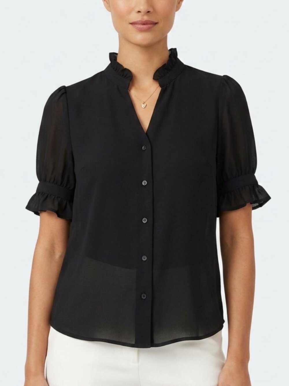 Ann Taylor Black Puff Sleeve Button Front Blouse Women's Size XXS Petite